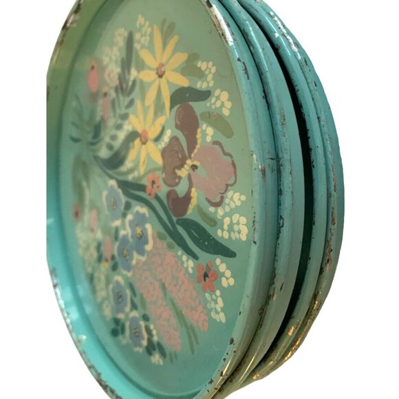 4 Vintage Hand Painted Toleware Robins Egg Blue Floral COASTER SET Metal w Glass - Picture 8 of 8